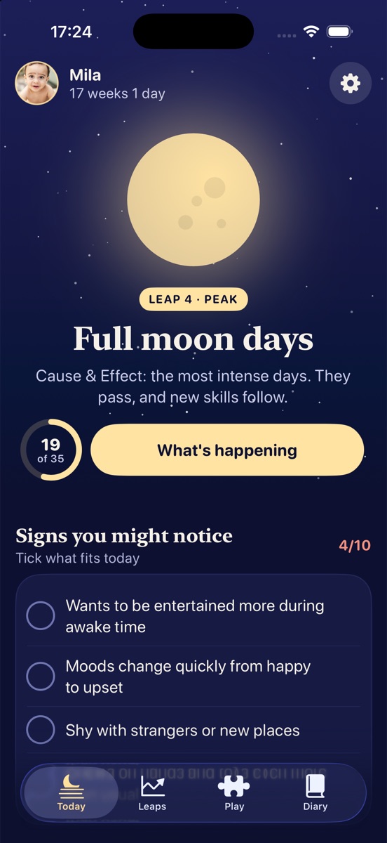 Moonleap's Today screen: a full moon, 'Full moon days', day 19 of 35 of leap 4, and signs to tick